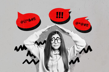 Creative trend collage of sad teenager girl roof hands gesture protect school bullying fantasy...