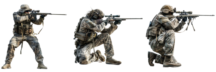 Set of Military sniper in camouflage uniform aiming a rifle isolated on transparent background  (3)
