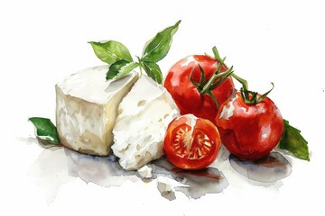 Hand-drawn Watercolor Illustration of Ricotta Cheese with Fresh Cherry Tomatoes