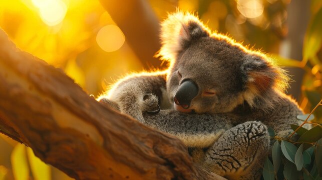 A baby koala sleeping in a tree, illuminated by morning sunlight