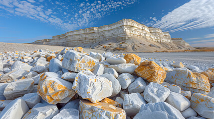 White chalk cliff dominating a rocky landscape under a cloudy blue sky
