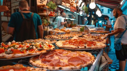 A pizza al taglio, with thick slices topped with various ingredients like roasted vegetables, cured meats, and cheeses, is being enjoyed by locals and tourists alike.