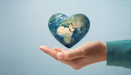 The heart-shaped earth in the hands of a person, on a clean and clear background, conveys a message of global unity. concept of International Day of Peace