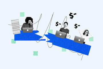 Creative poster collage of stressed young people inflation lose money bankruptcy finance unusual...