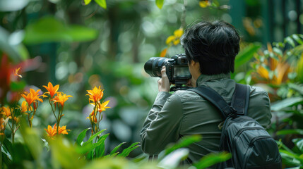 Fototapeta premium A photographer captures vibrant flowers in a lush green environment, blending nature and creativity in perfect harmony.
