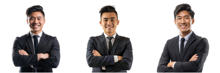 Set of Young handsome Asian man in a tailored suit, smiling confidently with crossed arms isolated on transparent background  (2)