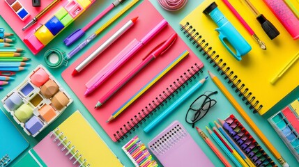 Imagine a colorful assortment of school supplies spread out on a desk, including notebooks, pencils, pens, and highlighters.