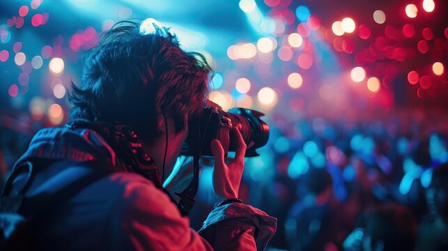 A photographer captures vibrant moments at a lively event filled with colorful lights and a bustling crowd. - Powered by Adobe