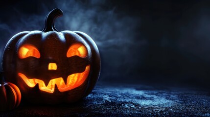 Jack-o'-Lantern's Glowing Grin: A carved pumpkin illuminates the spooky night, casting an eerie glow amidst a backdrop of swirling smoke. Perfect for Halloween projects. 