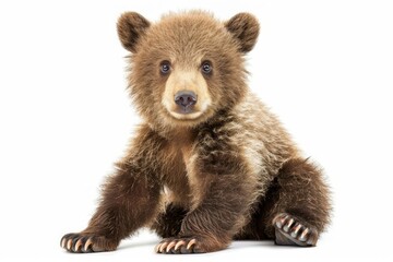Cute little bear cub is sitting on a white background isolated