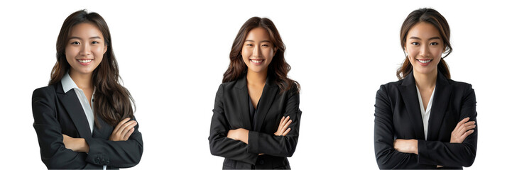 Set of Young handsome Asian woman in a tailored suit, smiling confidently with crossed arms isolated on transparent background
