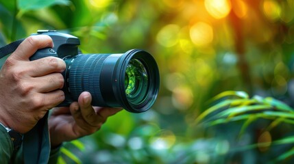 A photographer capturing nature with a professional camera amidst vibrant greenery and soft sunlight.