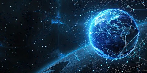 Fototapeta premium Global social network with blue futuristic planet earth on geometric background 