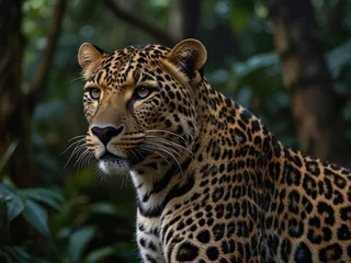 Majestic Sri Lankan leopard with a spotted coat and alert eyes in a lush rainforest. Captured in ultra-realistic detail, showcasing dense foliage and tropical climate. Perfect for wildlife photograph