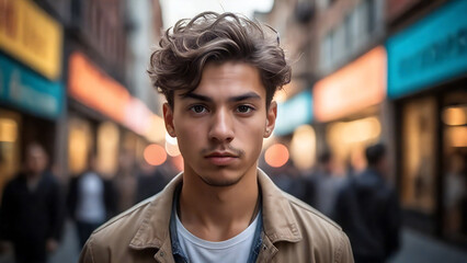 Fototapeta premium Portrait of a young man with fashionable haircut in a shopping district. 