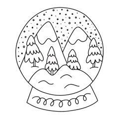 Christmas snow globe with winter landscape vector sketch
