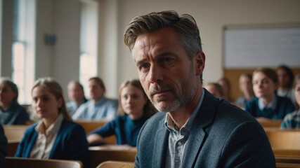 Mature Man Listening Intently in Classroom
