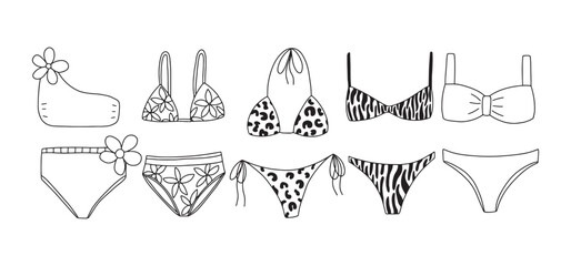 Set of hand drawn female swim suits and bikini. Vector swimming suits sketch set