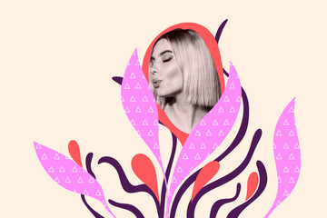 Creative picture collage young beautiful woman kiss blow lips cosmetics blossom environment nature spa salon drawing background