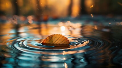 Autumn leaf floating on water surface creating concentric ripples with warm sunset light reflecting