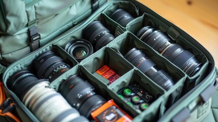 Close-up of a camera bag filled with various lenses, showcasing organization and photography gear for professionals.
