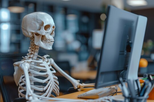 Office worker skeleton workaholic in office works on computer