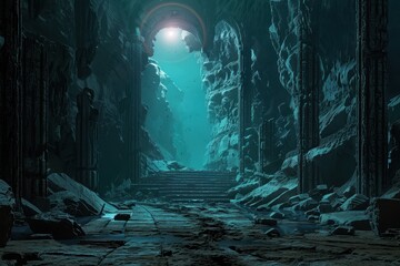 Ancient Sunken Temple Ruins Underwater With Stairs