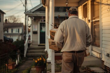 Fototapeta premium A delivery worker in uniform carries packages to a suburban house's doorstep, signifying the role of delivery services in modern-day logistics and convenience.