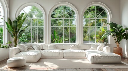 Airy living room with comfortable white sofa, arched windows and green plants in pots