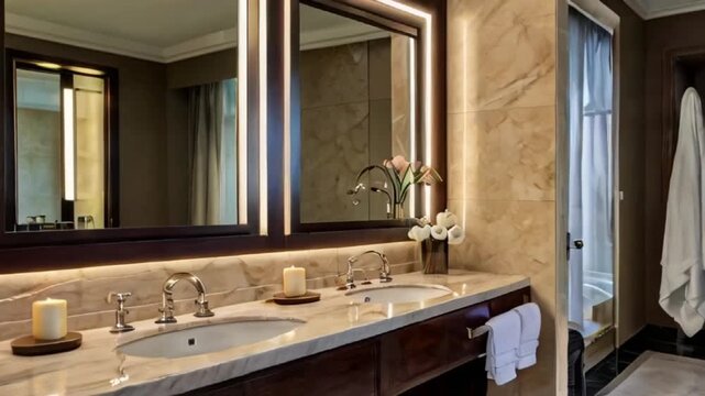 modern hotel bathroom interior with sink and accessories on vanity created with generative ai	
