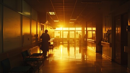 A hospital corridor bathed in warm sunset light, with healthcare professionals and medical equipment visible.