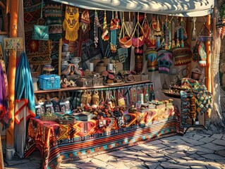 Vibrant Market Stall Displaying Colorful Handicrafts