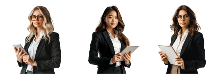 Set of A confident businesswoman holding a table isolated on transparent background  (3)