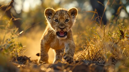 A baby lion cub playfully pouncing in the morning sun