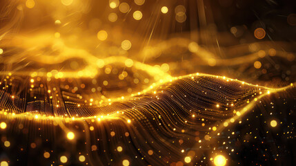 Fototapeta premium Abstract golden lights background. Future innovation high-tech digital communication business connection, clear and crisp details. Technology global network particle luxury gold