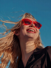 A woman with long blonde hair, wearing red-tinted sunglasses, smiling brightly against a clear blue sky