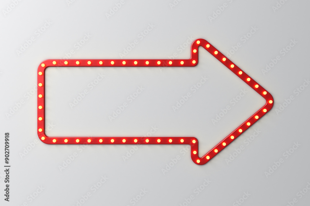 Fototapete Blank red arrow sign frame with retro yellow neon light bulbs isolated on white wall background with shadow idea concepts 3D rendering