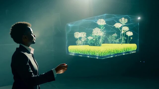 A young student showcases an interactive garden concept using augmented reality technology at a school science fair