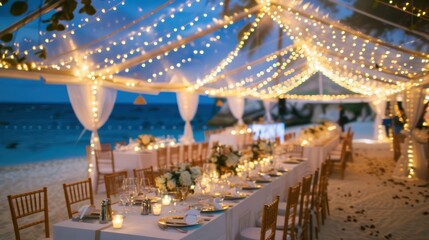Elegant beach wedding reception under a tent with fairy lights