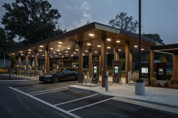 Fototapeta premium A modern electric vehicle charging hub equipped with the latest technology is captured during twilight, showcasing sleek cars being charged in a contemporary setting.
