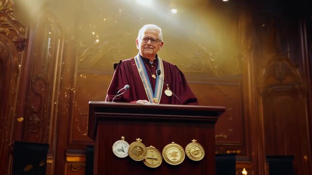 A distinguished leader delivers an inspiring speech during a prestigious alumni event