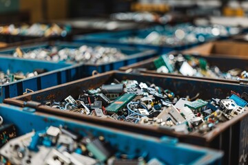 Technological waste, laid out in containers for further sorting.