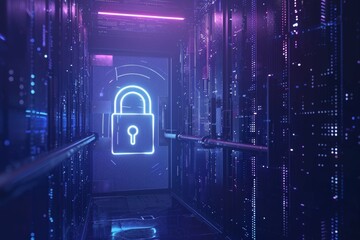 Neon sign of a lock in a server room. Cybersecurity concept.