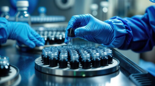 Hands of a lab technician with a tube of blood sample and a rack with other samples. Lab technician holding blood tube sample for study
