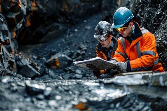 Workers working in a mine extracting minerals. Discussing the results.