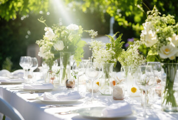 Wedding Table with White Linen, Greenery, and Clear Vases of Flowers in the Center