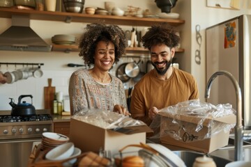A happy couple is seen unpacking boxes with excitement in a well-equipped, modern kitchen, filled with various kitchen utensils and home decor elements around them.