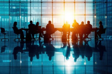 A conference room bathed in warm orange light. The room is filled with silhouettes of people sitting at a long rectangular table. The silhouettes are located in front of a large window 