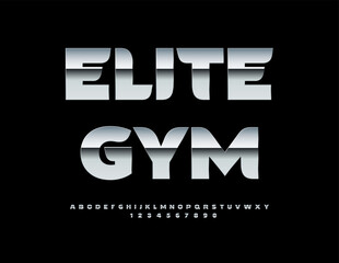 Vector Metallic Emblem Elite Gym. Trendy Cool Font. Stylish Silver Alphabet Letters and Numbers set.