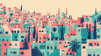 Risograph halftone riso print travel poster, card, wallpaper or banner illustration, modern, isolated, clear, simple of Ramallah, Palestine. Artistic, screen printing, stencil